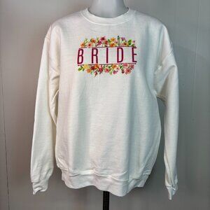 Bride Sweatshirt Medium White Pink Floral Bridal Crew Neck Pullover Gildan Women